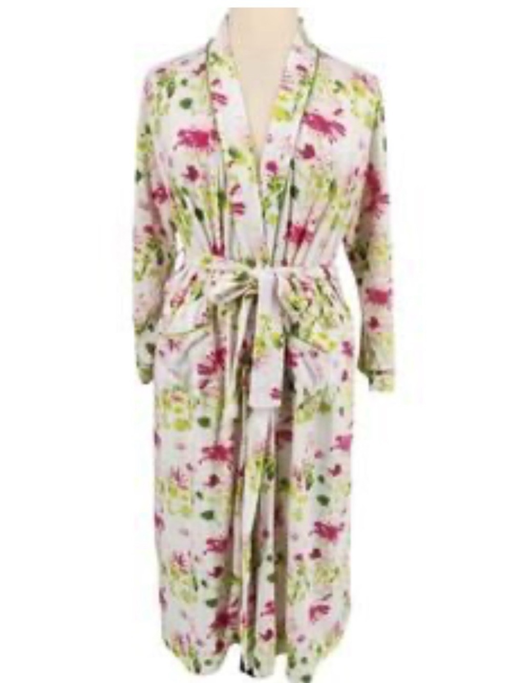 Soft Surroundings Painterly Floral Wrap Robe in White with Pink and Green Accent